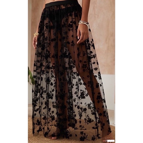 Cellabie Dresses & Skirts - Black Sheer Lace Floral Maxi-Skirt
